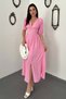 Women's Pink Polka Dot V-Neck Gipeli Balloon Sleeve Slit Midi Dress