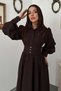 Women's Brown Brode Scallop Belted High Neck Balloon Sleeve Midi Dress - 3