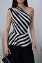 Women's Black One-Shoulder Striped Satin Peplum Blouse Asymmetrical Collar Sleeveless - 4