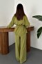 Women's Olive Shirt Pants Set Buttoned Lace-Up Ribbed Wide Leg Pants with Pockets - 5
