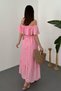 Women's Pink Off-The-Shoulder Brode Maxi Dress with Flounce Collar and Flared Cut in Cotton - 5