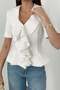 Women's Ecru Ruffle Detailed Agrafl Detailed Short Sleeve Lined Fitted Woven Jacket - 4