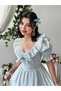 Women's Blue Midi Dress with Plaid Pattern, Ruffle Collar, Balloon Sleeves and Lace Detail - 5