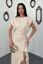 Women's Beige Dress with Flounces, Slits, Draped Waist Detail, Maxi Satin Dress - 2