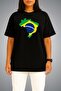 Oversize Brazil Flag and Map Chest Printed Unisex T-Shirt - 2