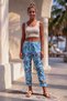 Italian Blue Pocketed Lycra Floral Printed Elastic and Tie-Waist Narrow Leg Woven Trousers 95 60 - 6