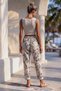 Italian Beige Lycra Floral Printed Elastic and Tie-Waist Narrow Leg Woven Trousers 95 60 - 8