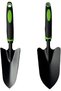 Two gardening tools for planting, transplanting, and weeding—a steel garden shovel and a small garden shovel with an ergonomic handle.