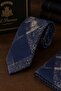 Navy Blue Beige Motif Patterned Classic Tie with Handkerchief Kk13967 - 2