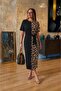 Women's Short Sleeve Crew Neck Long Viscose Dress with Leopard Detail on One Side - 3