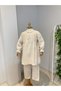 Girl's Beige Muslin Tunic Pants Set Umre Set Lace Detailed Cotton Hijab Set - 2