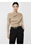 Drape/Ruched Detailed Draped Asymmetric Collar Long Sleeve Knitted Crepe Fabric Blouse