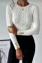 Women's Knitted Patterned Crew Neck Knitwear Sweater with Gold Button Detail