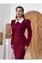Women's Burgundy Pearl Detailed Contrast Collar Balloon Sleeve Midi Dress - 4