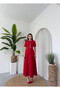 Women's Red Midi Dress with Stone Bow Detail, Crew Neck, Short Sleeves - 8