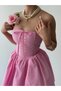 Women's Pink Strapless Bow Lace Detailed Corset Look Mini Dress - 7