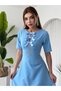Women's Baby Blue Midi Dress with Stone Bow Detail, Crew Neck, Short Sleeves - 3