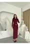 Women's Burgundy Midi Dress with Draped Long Sleeves and Gathered Metal Accessory Detail - 7