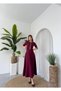 Women's Burgundy Midi Dress with Stone Bow Detail, Crew Neck, Short Sleeves - 5