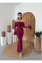 Women's Burgundy Off Shoulder Lace Embroidered Long Sleeve Midi Dress - 4