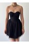Women's Black Mini Dress Strapless Sweetheart Neckline Gathered Tulle Skirted Mini Evening Dress - 2