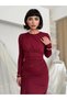 Women's Burgundy Midi Dress with Draped Long Sleeves, Crew Neck and Ruffle Detail - 3