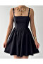 Women's Black Mini Dress Square Collar Lace Strap Corset Look Poplin - 2
