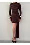 Women's Coffee Mini Dress Draped Gathered Long Sleeve High Collar Bodycon - 2