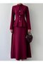 Women's Burgundy Skirt Suit with Stand Collar, Scarf Detail, Buttoned Long Sleeve Maxi - 2