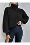 Women's Black High-Neck Oversize Knitwear Sweater Ribbed Flowy Soft Textured Cotton Turtleneck - 7