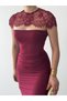 Women's Burgundy Midi Dress with Lace Cape Collar and Draped Slim Fit Event Dress - 3
