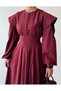 Women's Burgundy Midi Dress with Balloon Sleeves, Flounce on the Shoulder, Button Detail, Poplin A-Line - 7