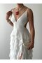 Women's White Midi Dress V-Neck Rope Strap Backless Flounce Chiffon - 3