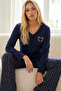 Navy Blue Patterned Embroidered Cotton Lycra Knitted Pajama Set26240310