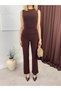 Women's Coffee Color Sleeveless Crew Neck Long Leg Jumpsuit with Gathered Waist Detail - 4