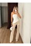 Women's Beige Floral Patterned Lace High Waist Spanish Flare Long Trousers