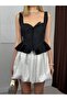Women's Black Heart Collar Bow Detailed Flounce Peplum Strap Woven Blouse - 3