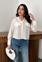 Women's White Floral Appliqué Fleto Pocket Poplin Long Sleeve Buttoned Short Shirt