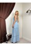 Women's Blue Maxi Dress with Square Collar, Gipeli Straps, Ruffles and Layered Skirt - 3