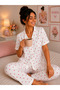 Ultra Soft Textured Button down Short Sleeve Long Pajama Set - Red Heart Pattern