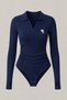 Steed Navy Blue Premium Polo Collar Ribbed Lycra Embroidered Drawstring Body-Fitting Long Sleeve Snap Fastener Bodysuit
