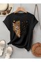Women's Short Sleeve Crew Neck Patterned Viscose Blouse - 3