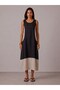 Women's Black and Beige Combination Modal Sleeveless Dress with Pockets - 2