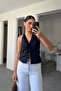 V-Neck Ruffled Blouse - Dark Blue - 3