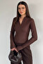 Brown Women's Front Half-Zip Self-Line Patterned Blouse - 4