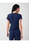 Navy Blue Round Neck Short Sleeve Blouse with Tie Detail - 4