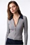 7043 Women's Denim Collared Zippered Ribbed Knit Cardigan Gray