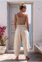 Beige Embroidered Pocketed Elastic Waist Shalwar Leg Casual Linen Look Woven Trousers 90 68 - 8
