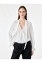 Aerobin Fabric Long Sleeve Scarf Shawl Collar Flowy Satin Oversized Blouse - 2
