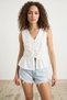 Women's V-Neck Bow Detailed Muslin Peplum White Blouse - 5